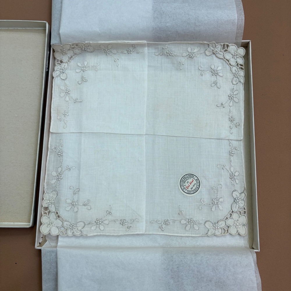 Vintage York Street Handkerchief Hand Made Madeira Linen Embroidered NOS Bridal
